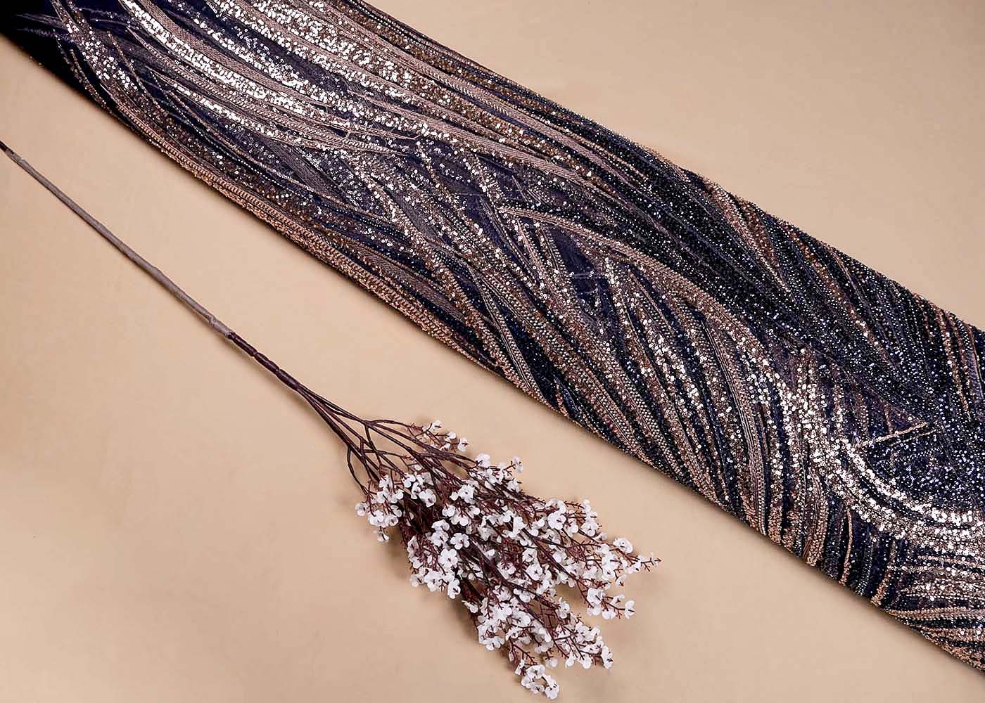 Navy Blue Imported Net with All-Over Bead and Sequins Work 15615