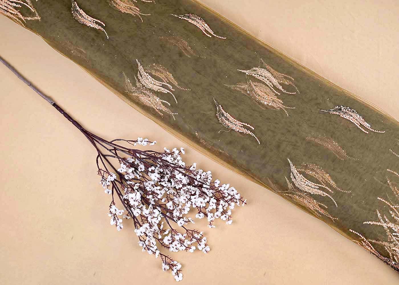 Mehendi Green Imported Net Dupatta Fabric with All-Over Bead & Sequins Work and Two-Side Heavy Border 15618