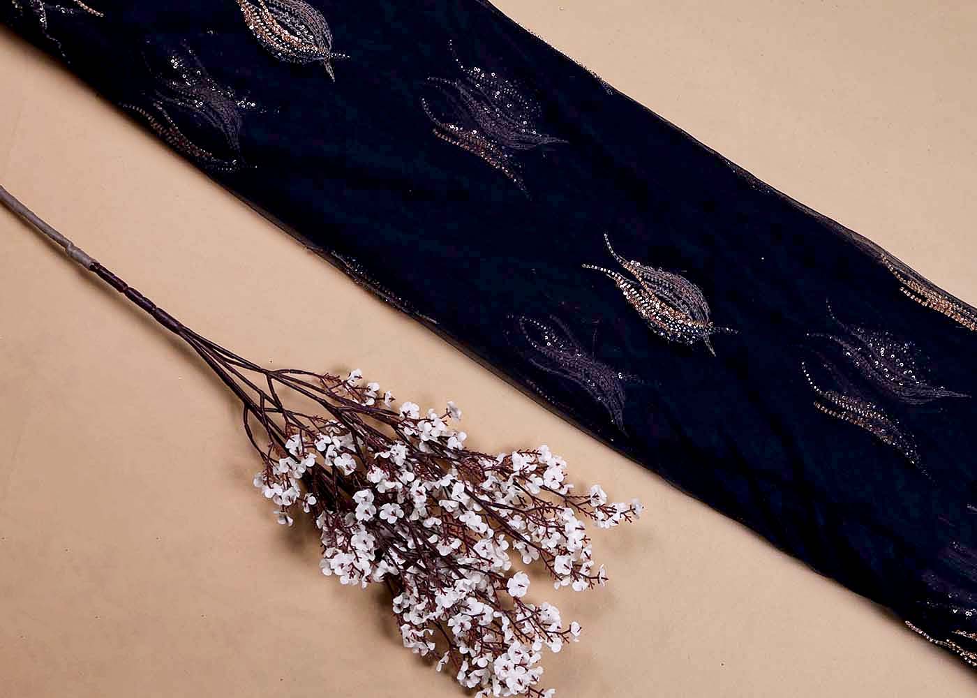 Navy Blue Imported Net Dupatta Fabric with All-Over Bead & Sequins Work and Two-Side Heavy Border 15622