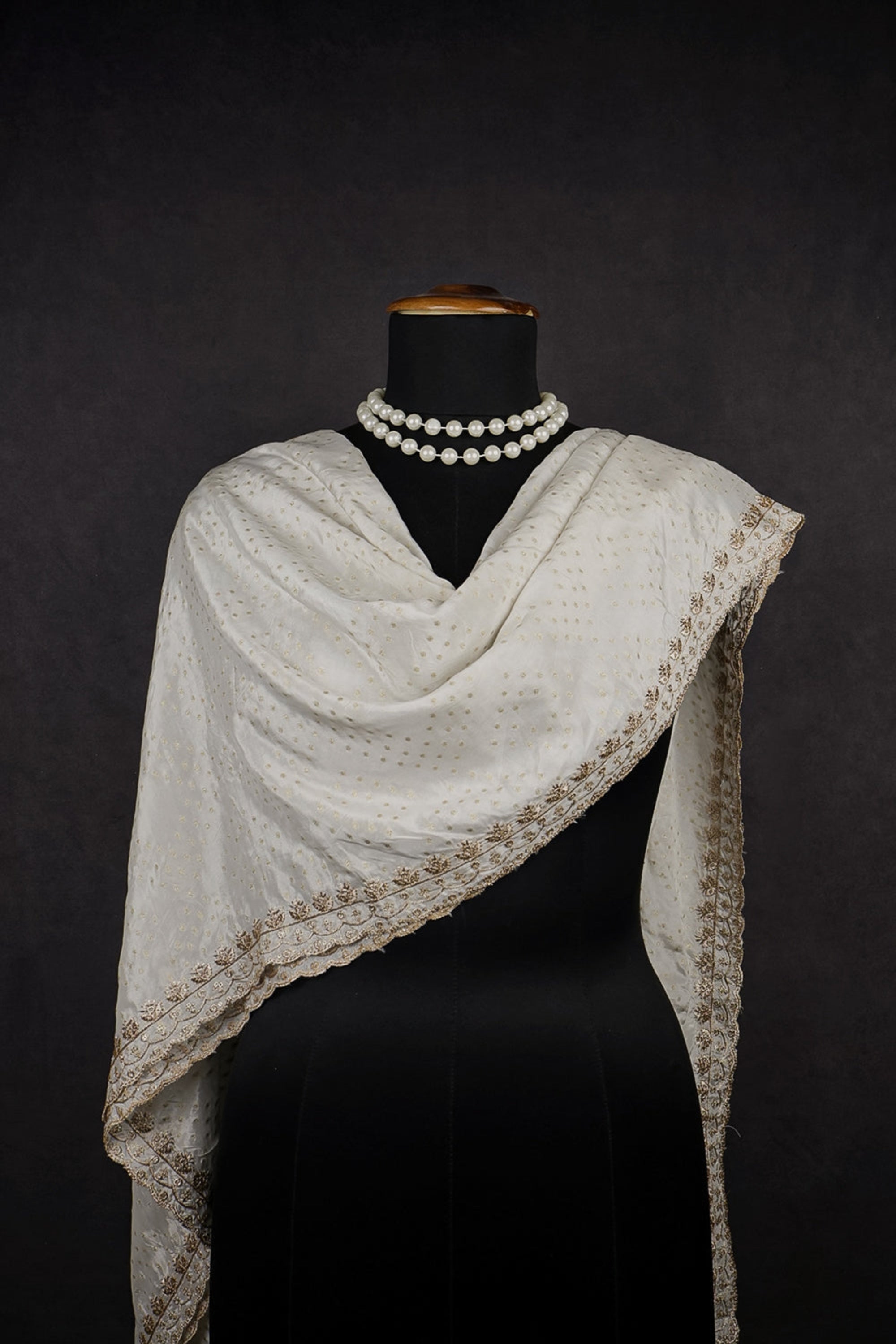 White Dyeable Crepe Dupatta With All Over Zari And Sequins Work 15624