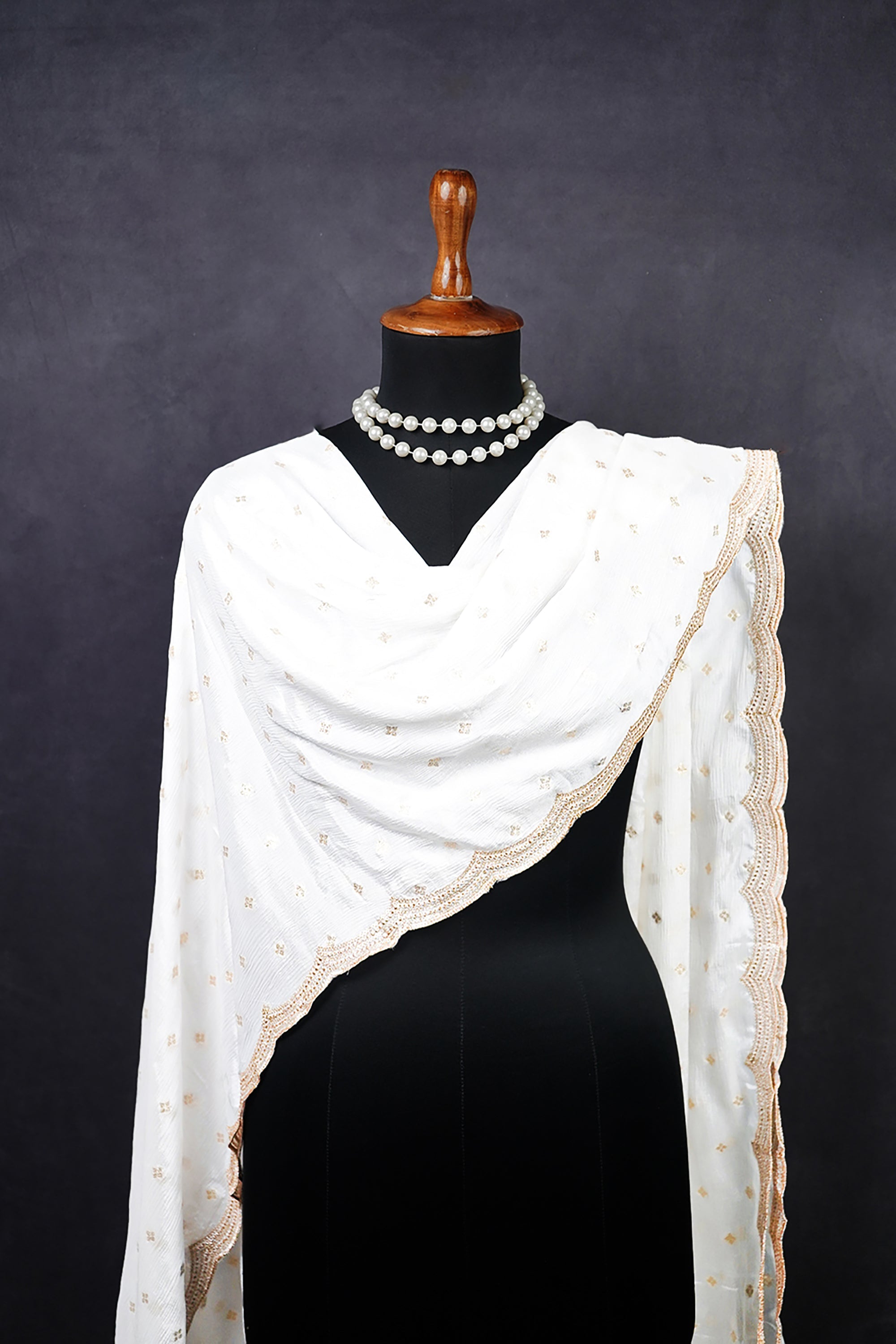 White Dyeable Chinon Chiffon Dupatta With All Over Sequins And Zari Work 15625