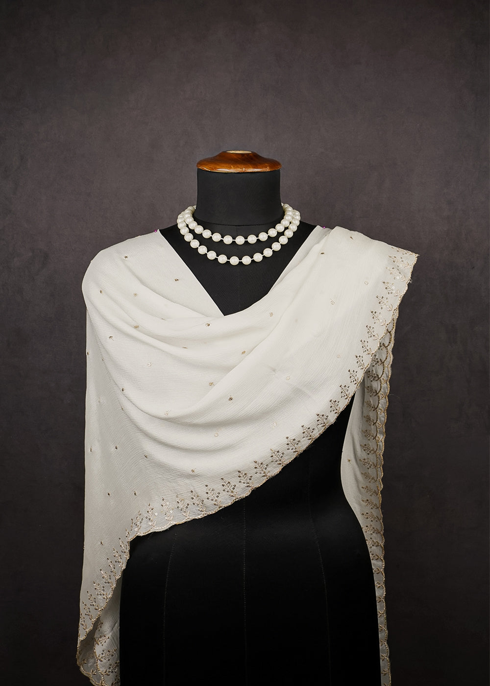 White Dyeable Chinon Chiffon Dupatta With All Over Zari And Sequins Work 15620