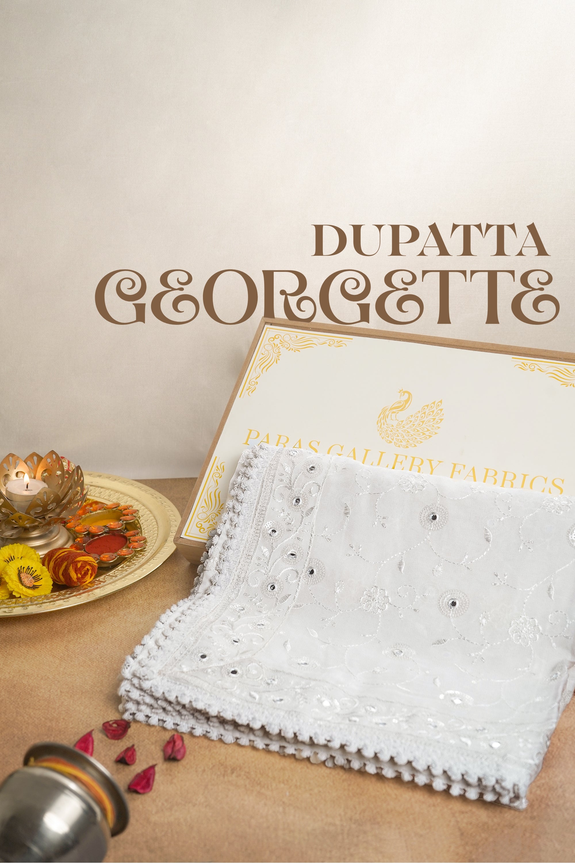 White Dyeable Georgette Dupatta With All Over Thread And Faux Mirror Work 15630