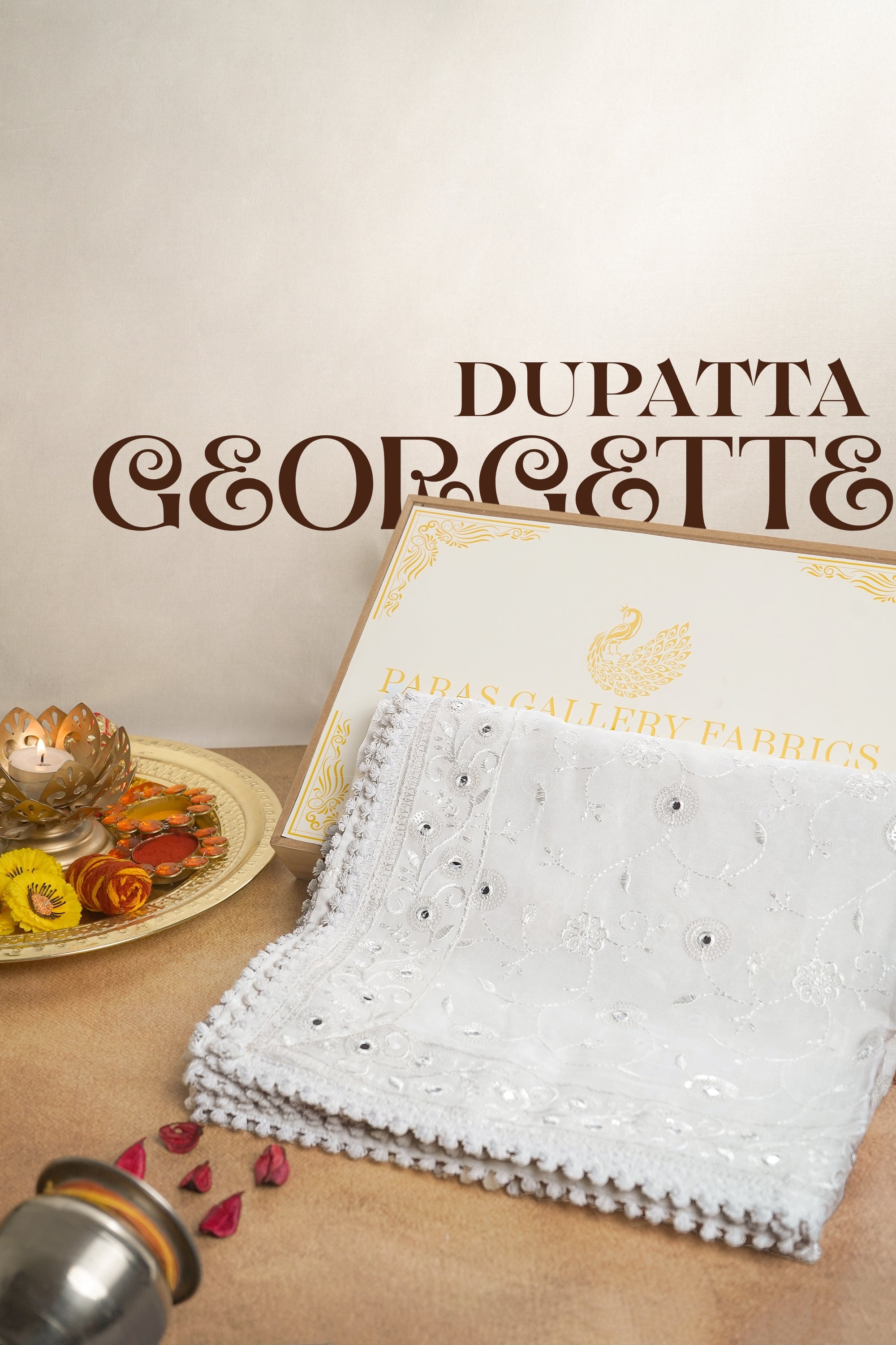 White Dyeable Georgette Dupatta With All Over Thread And Faux Mirror Work 15630