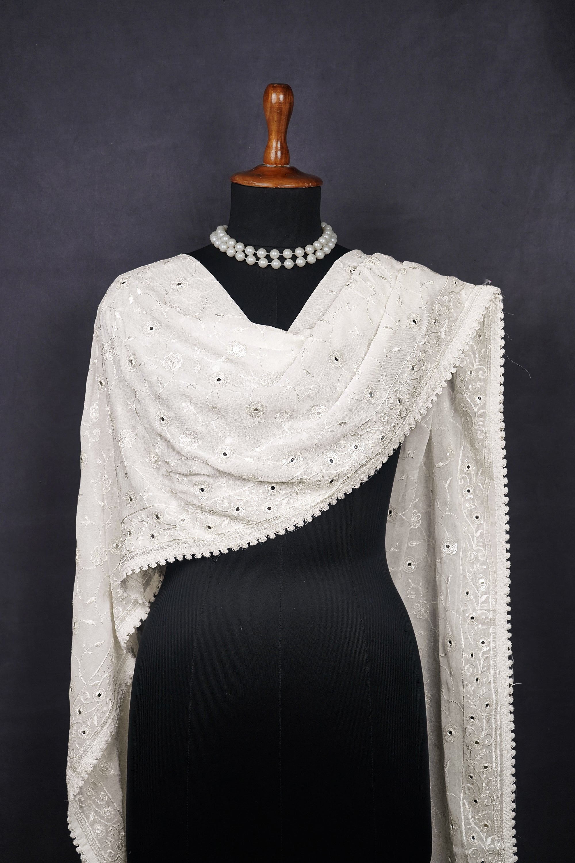 White Dyeable Georgette Dupatta With All Over Thread And Faux Mirror Work 15630