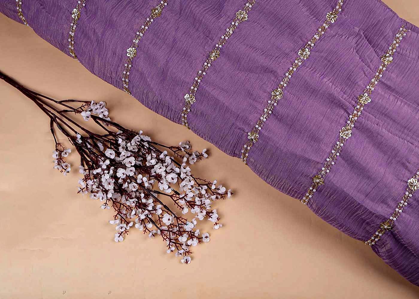Purple Crushed Tissue Fabric with All-Over Bead, Sequins & Katdana Work 15632