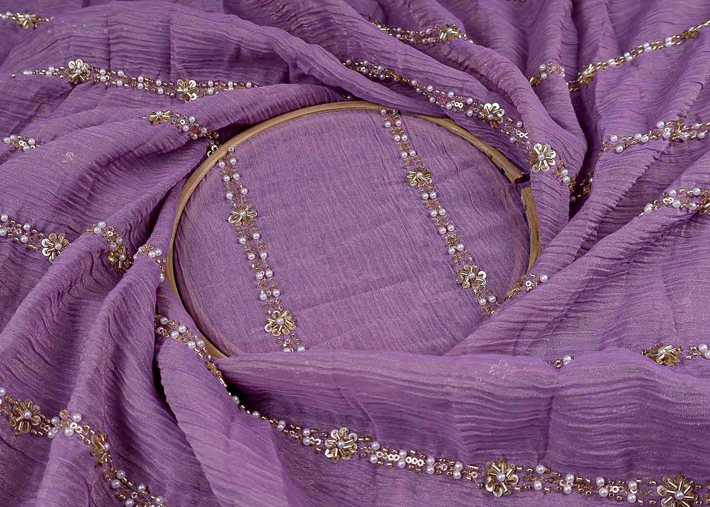 Purple Crushed Tissue Fabric with All-Over Bead, Sequins & Katdana Work 15632