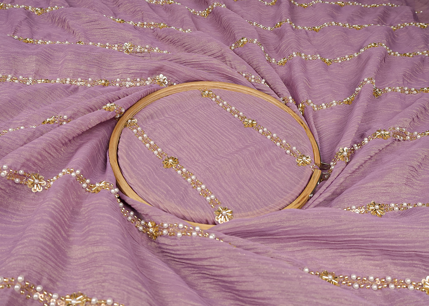 Purple Crushed Tissue Fabric with All-Over Bead, Sequins & Katdana Work 15632