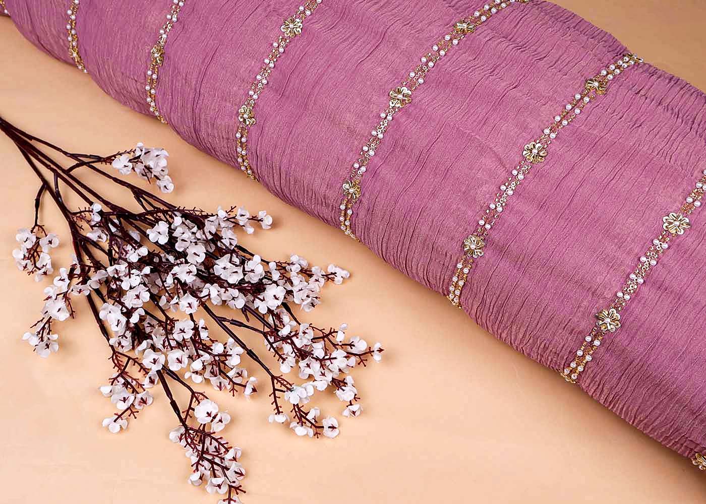 Onion Pink Crushed Tissue Fabric with All-Over Bead, Sequins & Katdana Work 15633