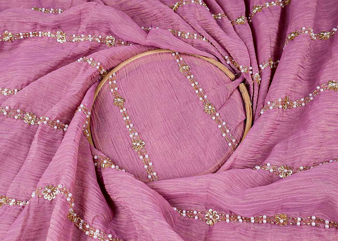 Onion Pink Crushed Tissue Fabric with All-Over Bead, Sequins & Katdana Work 15633
