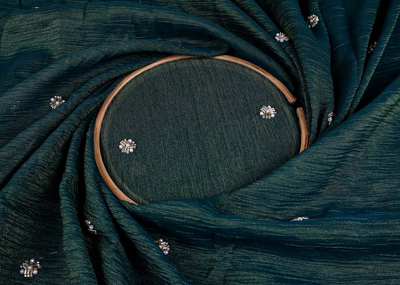 Bottle Green Crushed Tissue Fabric with All-Over Bead, Sequins & Katdana Buti Work 15637