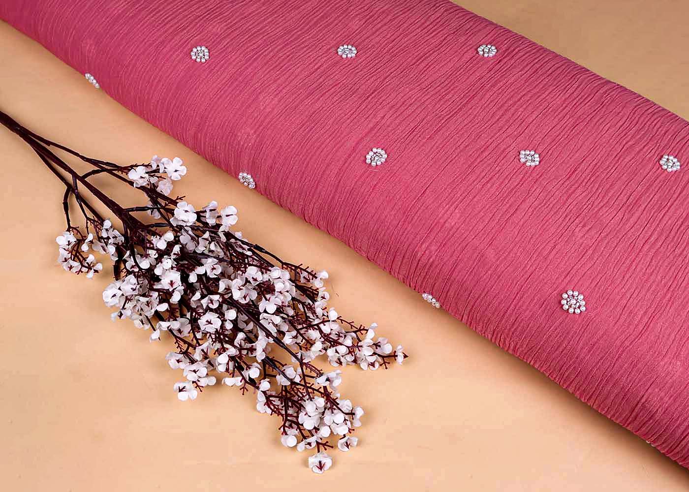 Pink Crushed Tissue Fabric with All-Over Bead Buti Work 15639