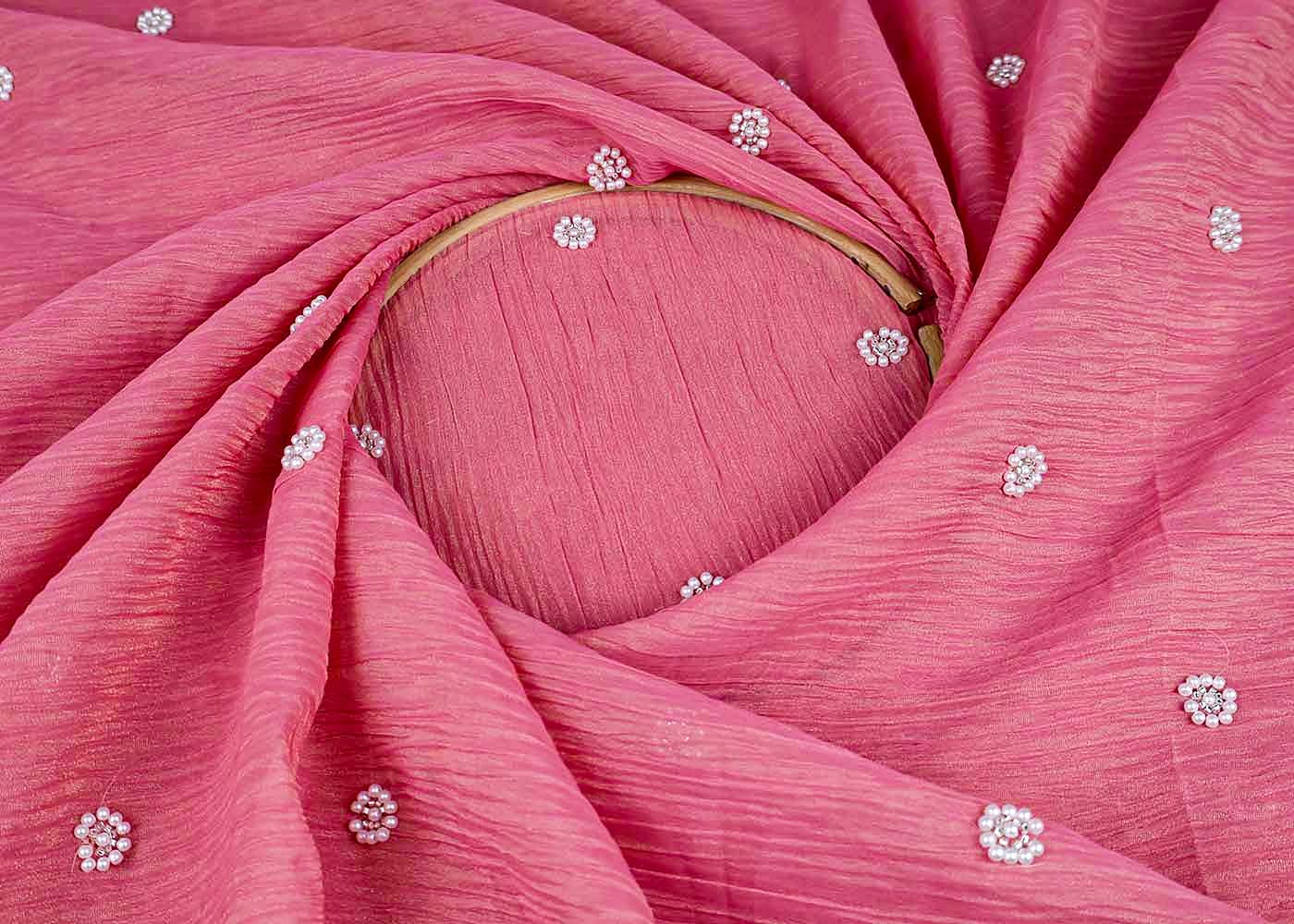 Pink Crushed Tissue Fabric with All-Over Bead Buti Work 15639