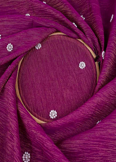 Wine Crushed Tissue Fabric with All-Over Bead Buti Work 15640