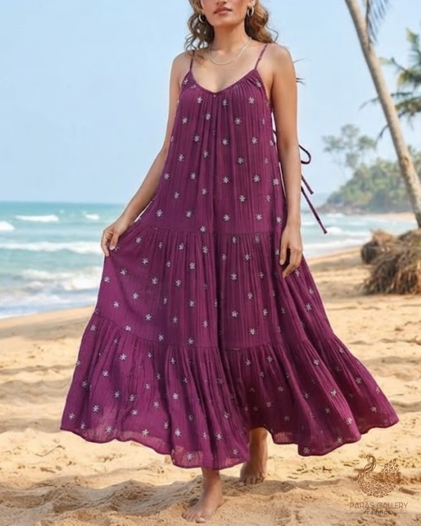 Wine Crushed Tissue Fabric with All-Over Bead Buti Work 15640
