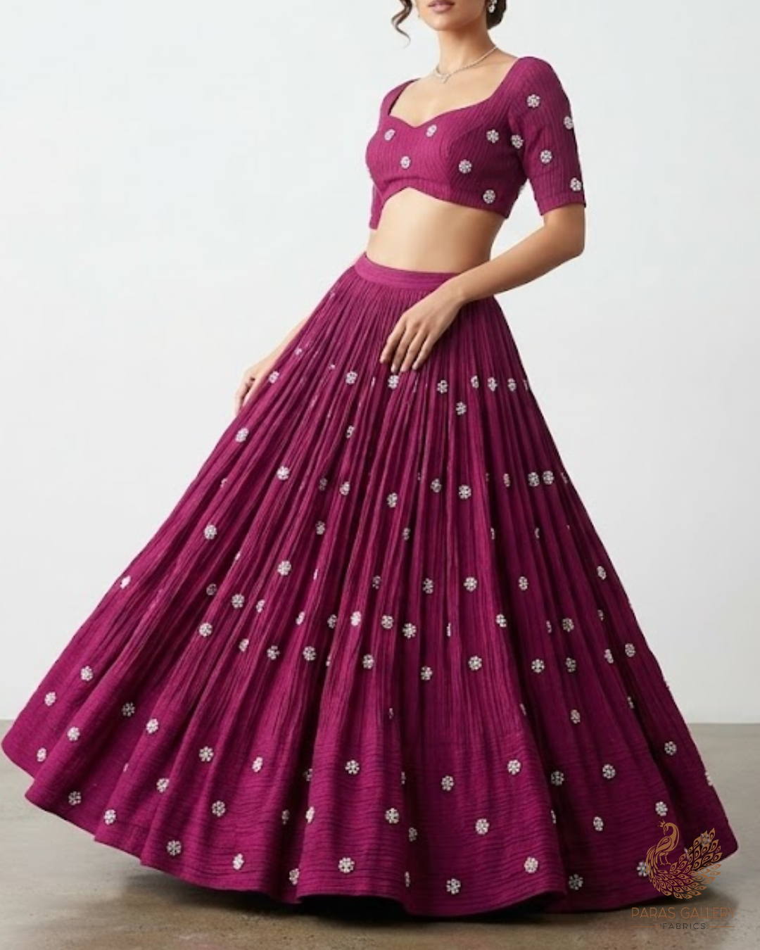 Wine Crushed Tissue Fabric with All-Over Bead Buti Work 15640