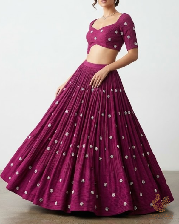 Wine Crushed Tissue Fabric with All-Over Bead Buti Work 15640