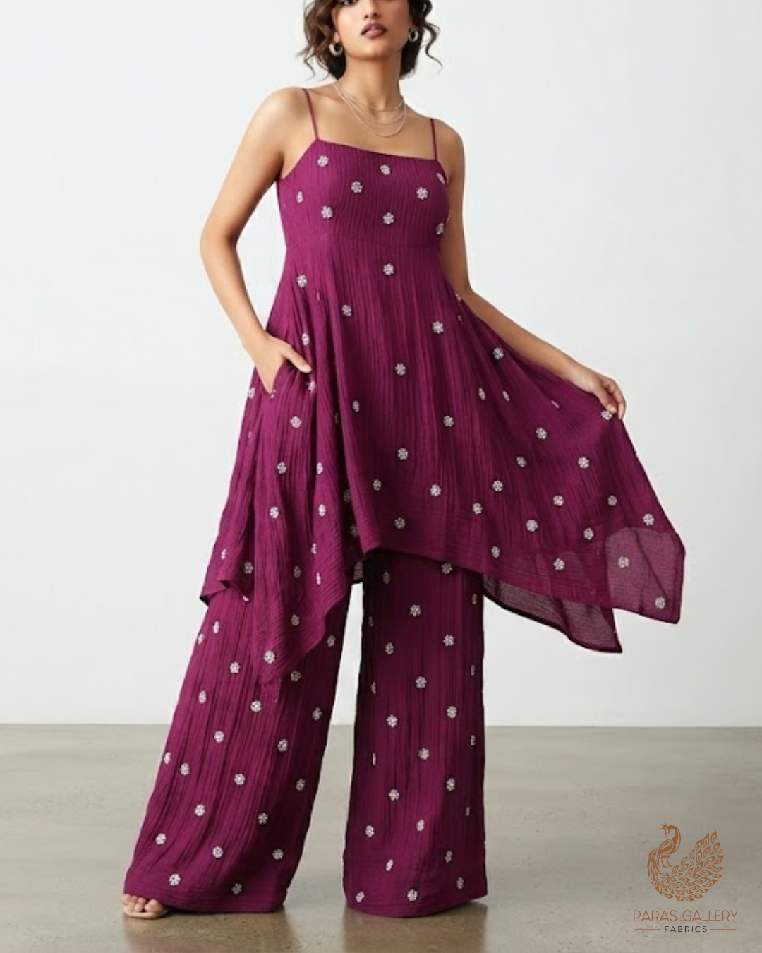 Wine Crushed Tissue Fabric with All-Over Bead Buti Work 15640