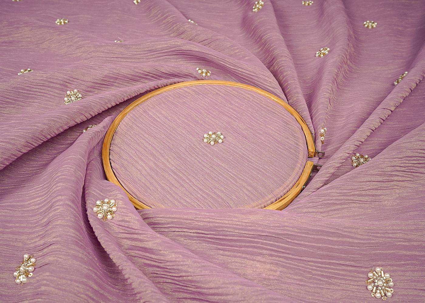 Lavender Crushed Tissue Fabric with All-Over Bead, Sequins & Katdana Buti Work 15642