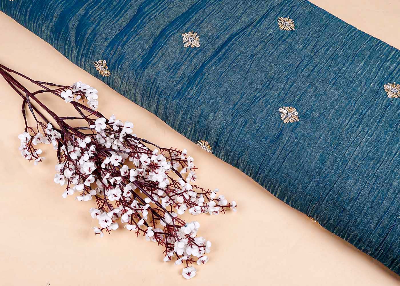 Teal Crushed Tissue Fabric with All-Over Bead, Sequins & Katdana Buti Work 15644