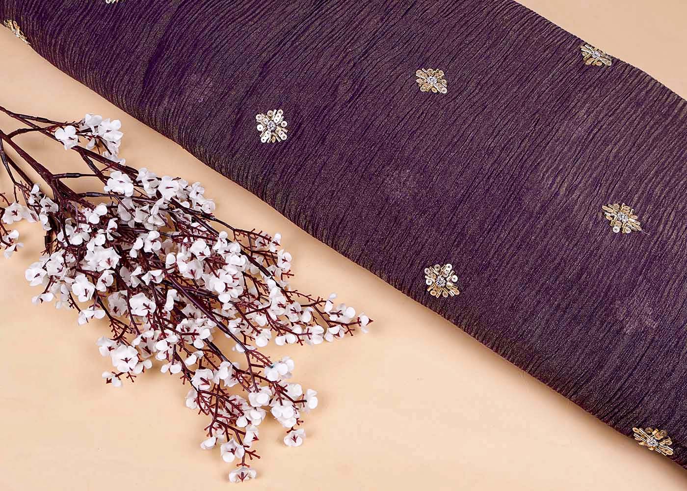 Purple Crushed Tissue Fabric with All-Over Bead, Sequins & Katdana Buti Work 15645