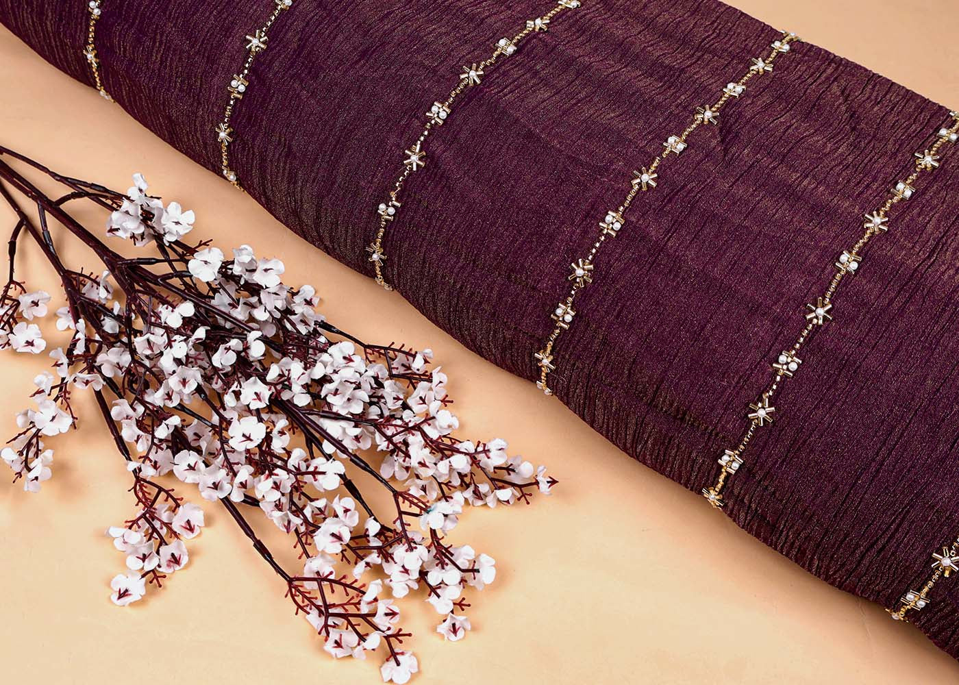 Voilet Crushed Tissue Fabric with All-Over Bead, Sequins & Katdana Work 15647