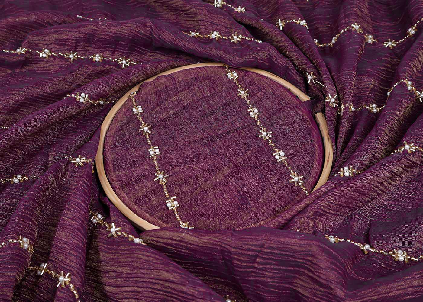 Voilet Crushed Tissue Fabric with All-Over Bead, Sequins & Katdana Work 15647