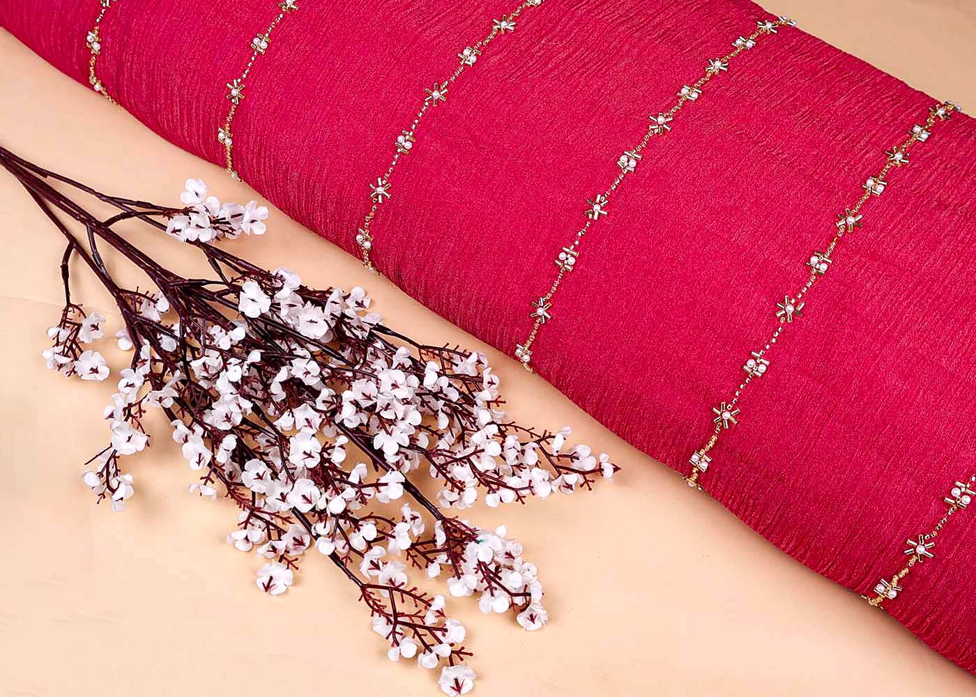 Barbie Pink Crushed Tissue Fabric with All-Over Bead, Sequins & Katdana Work 15648