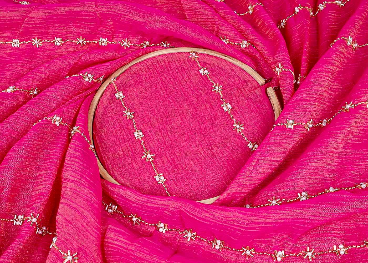 Barbie Pink Crushed Tissue Fabric with All-Over Bead, Sequins & Katdana Work 15648