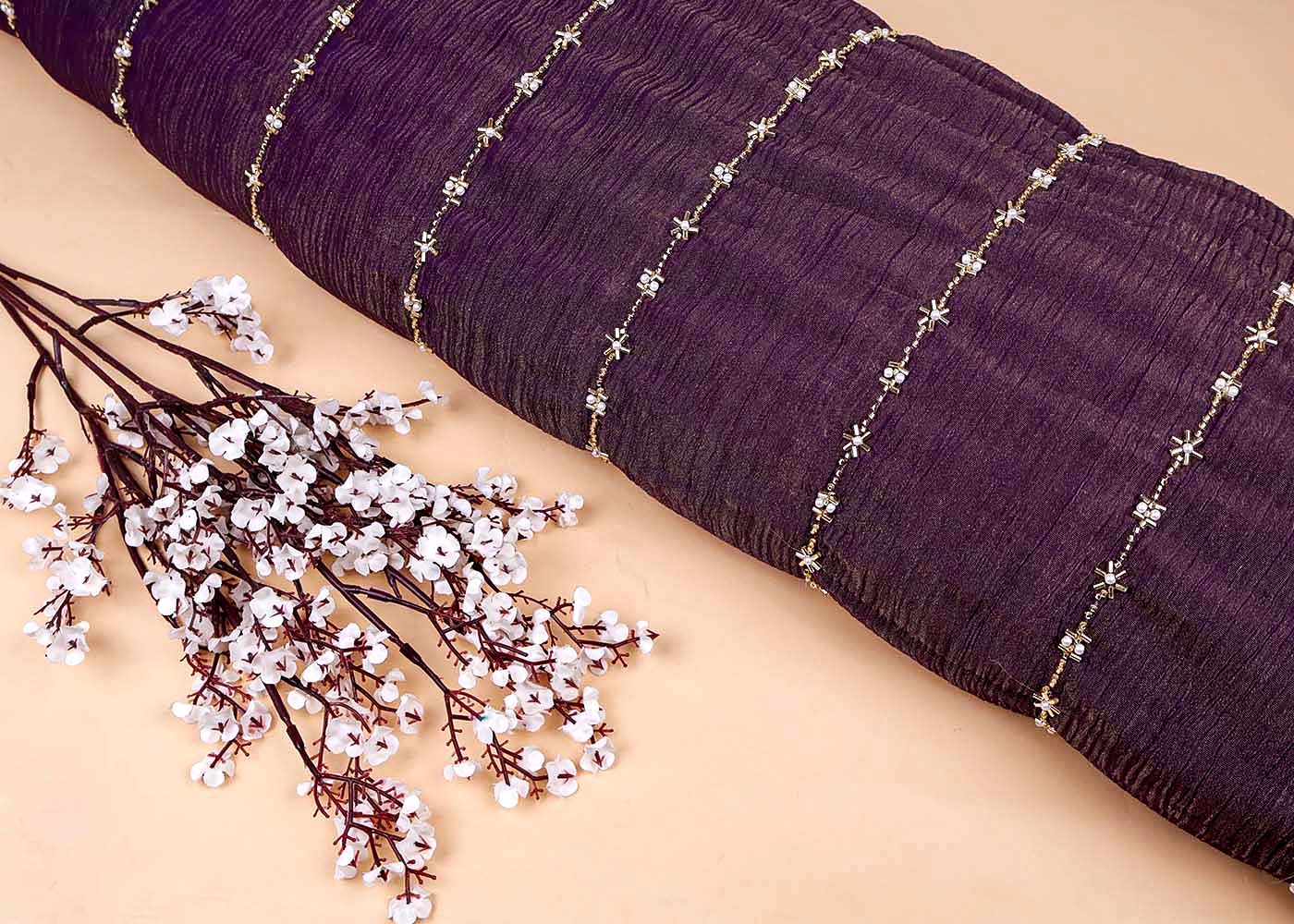 Purple Crushed Tissue Fabric with All-Over Bead, Sequins & Katdana Work 15649