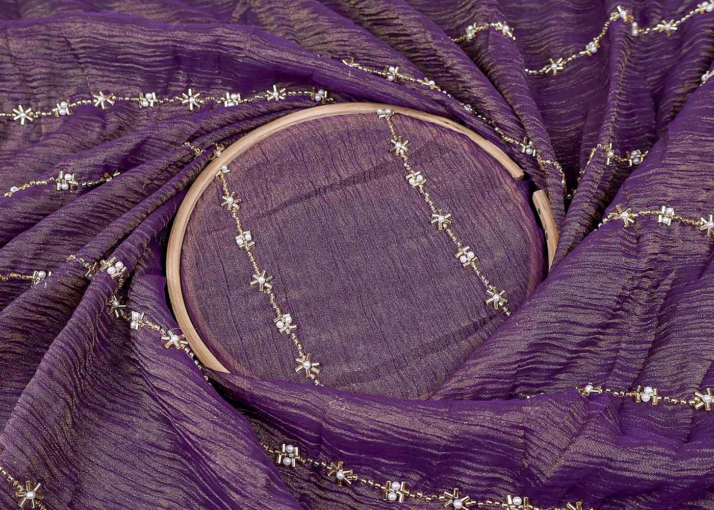 Purple Crushed Tissue Fabric with All-Over Bead, Sequins & Katdana Work 15649