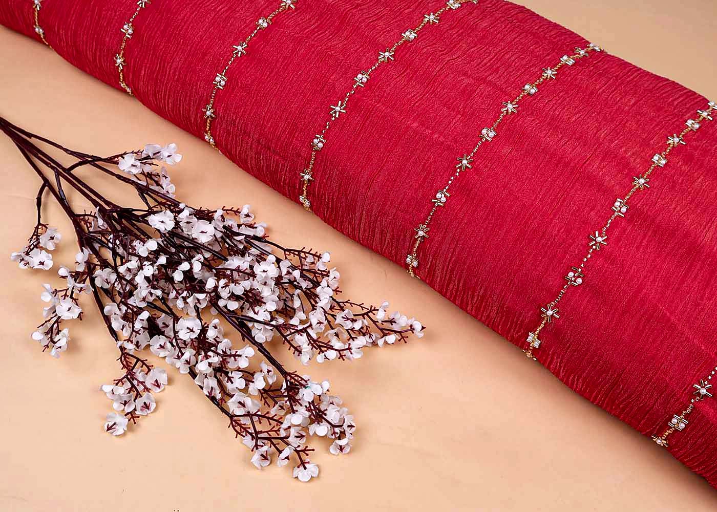 Bright Pink Crushed Tissue Fabric with All-Over Bead, Sequins & Katdana Work 15650