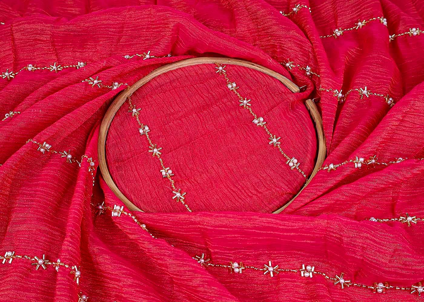 Bright Pink Crushed Tissue Fabric with All-Over Bead, Sequins & Katdana Work 15650