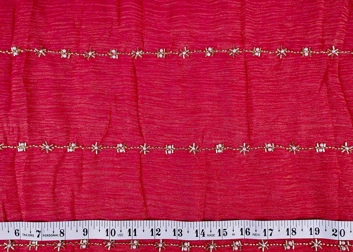Bright Pink Crushed Tissue Fabric with All-Over Bead, Sequins & Katdana Work 15650