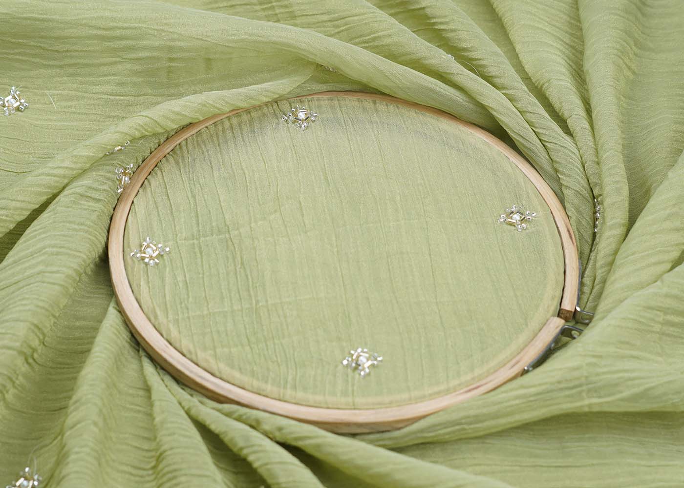 Olive Green Crushed Tissue Fabric With All Over Katdana And Bead Work 15655