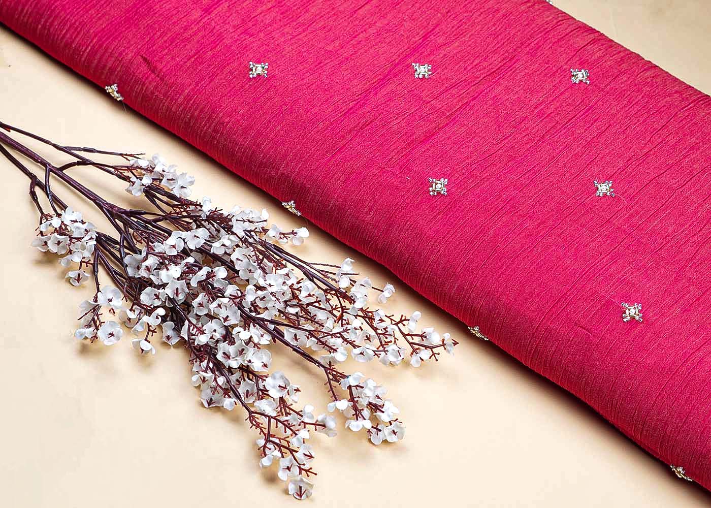 Rani Pink Crushed Tissue Fabric With All Over Katdana And Bead Work 15656