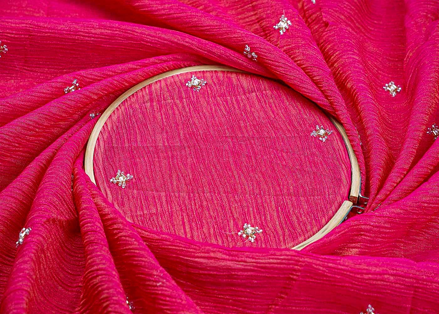 Rani Pink Crushed Tissue Fabric With All Over Katdana And Bead Work 15656
