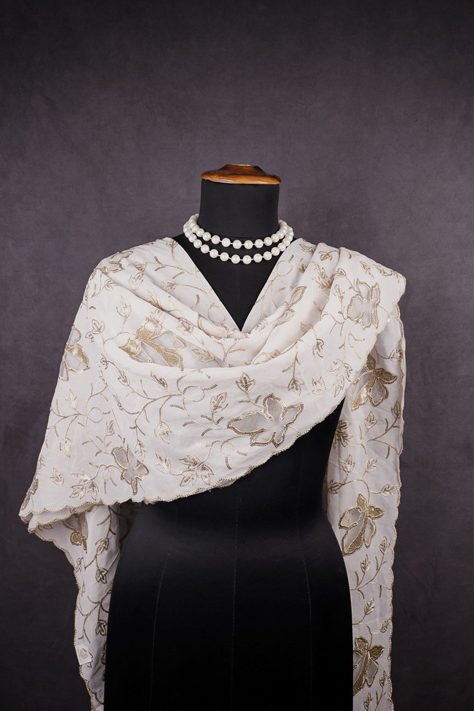 White Dyeable Georgette Dupatta With All Over Zari, Sequins Work And Net Cutwork 15660