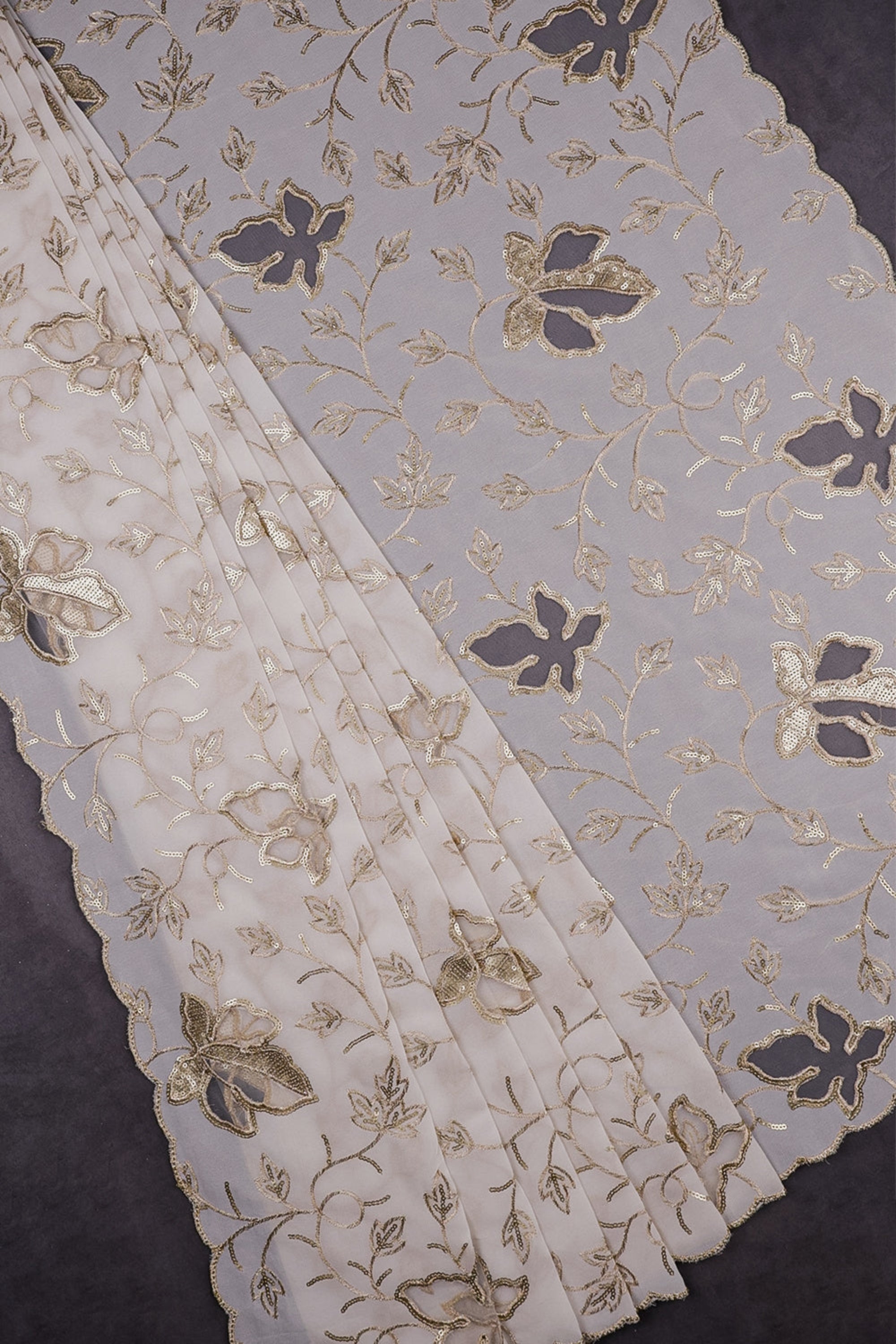 White Dyeable Georgette Dupatta With All Over Zari, Sequins Work And Net Cutwork 15660