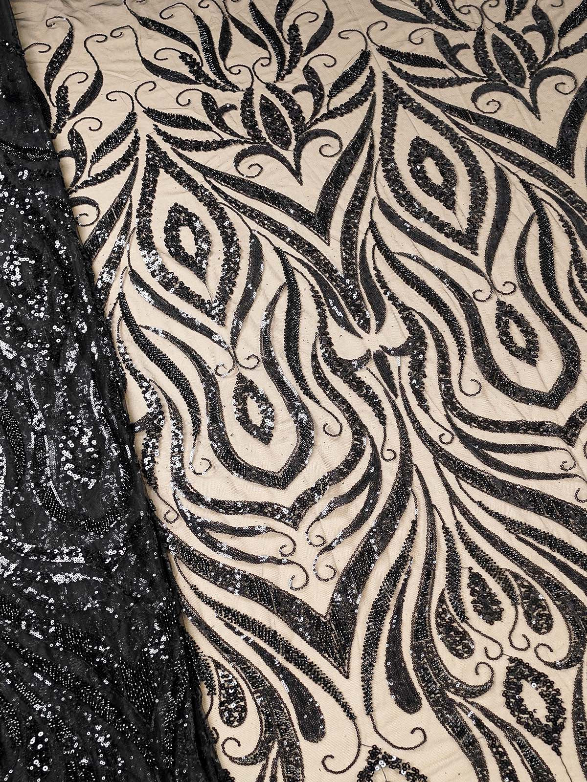 Black Imported Net Fabric with All-Over Sequins and Bead Work with One Side Heavy Border 15664