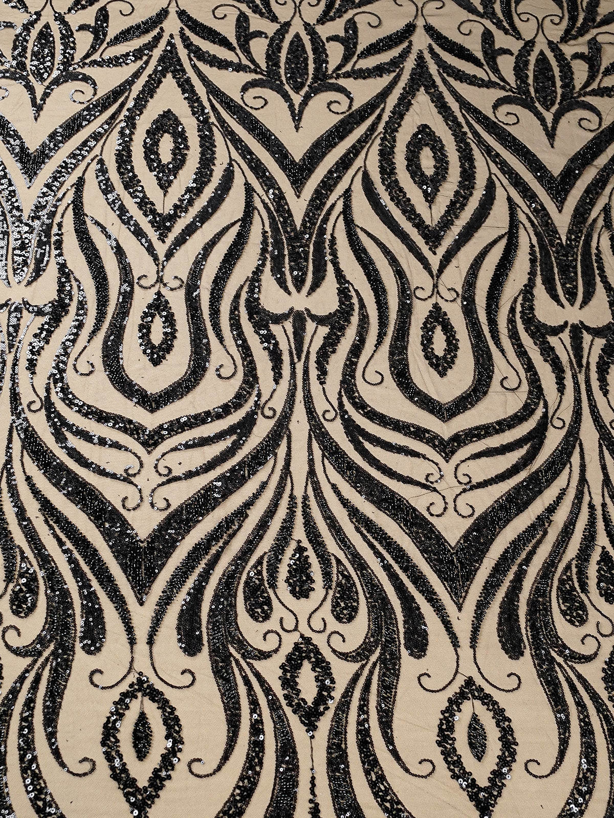 Black Imported Net Fabric with All-Over Sequins and Bead Work with One Side Heavy Border 15664