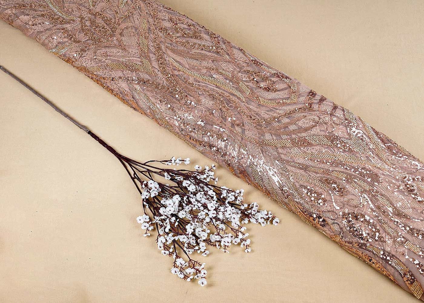 Gold Imported Net Fabric with All-Over Sequins and Bead Work with One Side Heavy Border 15667
