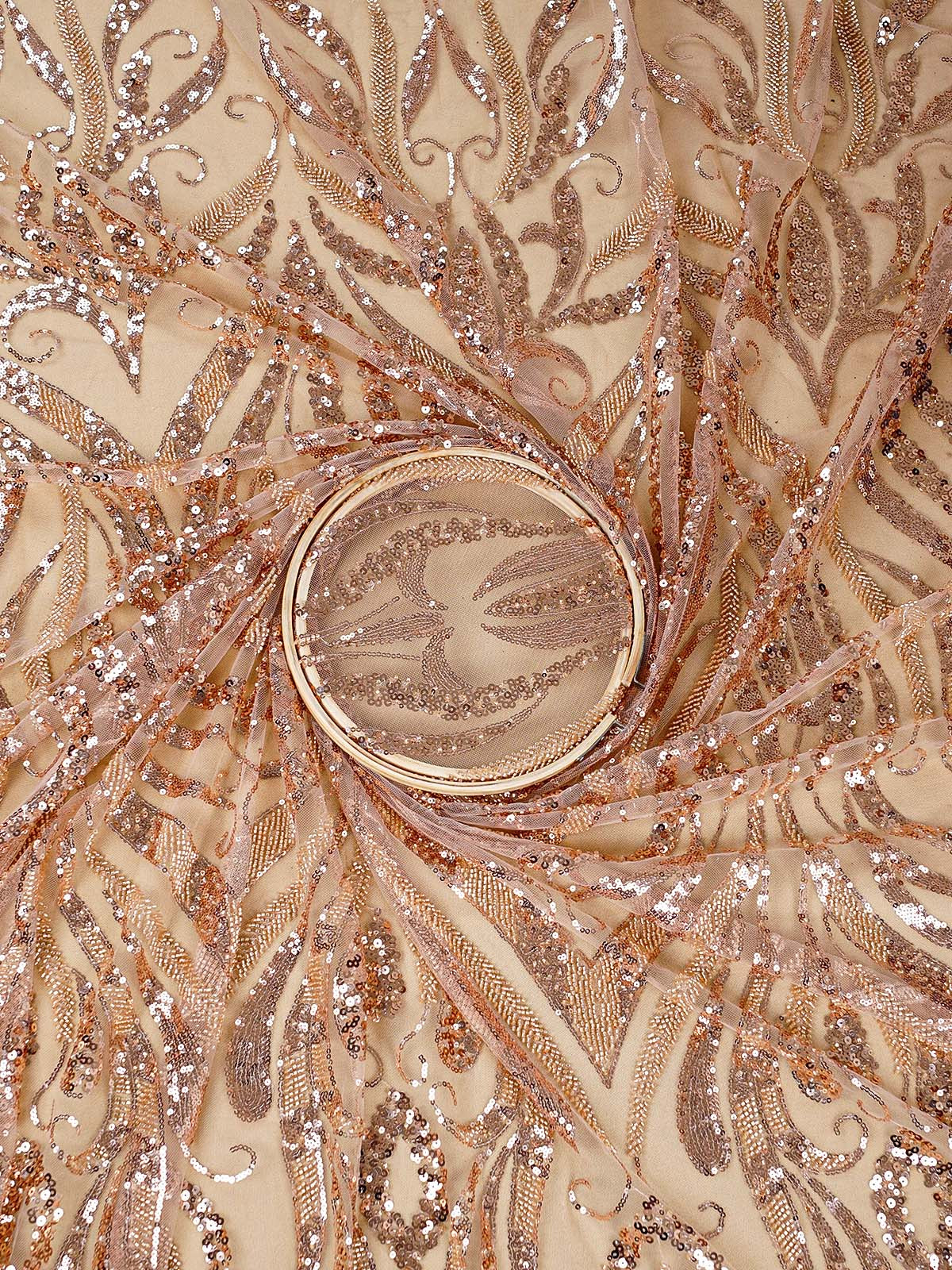 Gold Imported Net Fabric with All-Over Sequins and Bead Work with One Side Heavy Border 15667