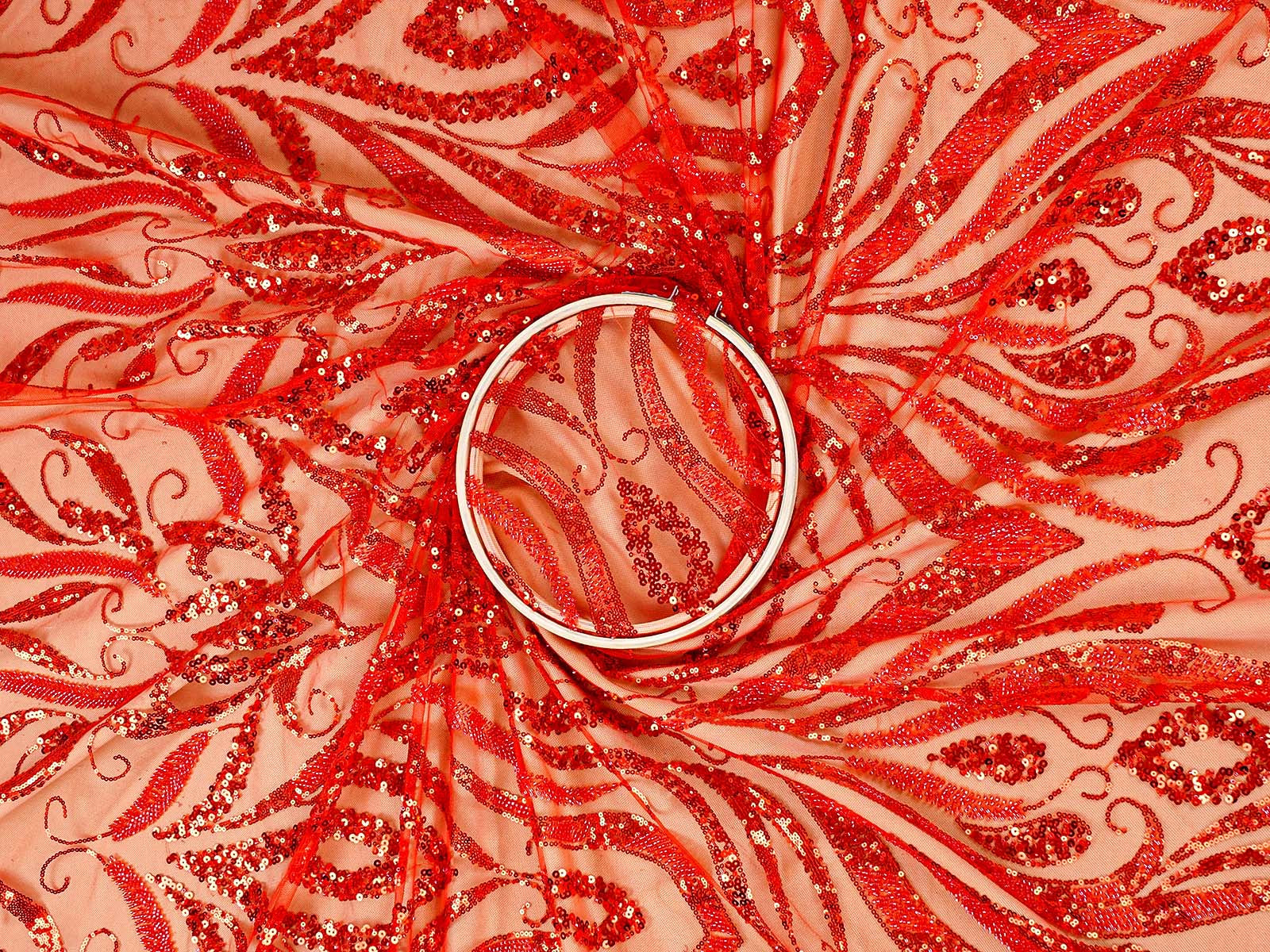 Red Imported Net Fabric with All-Over Sequins and Bead Work with One Side Heavy Border 15668