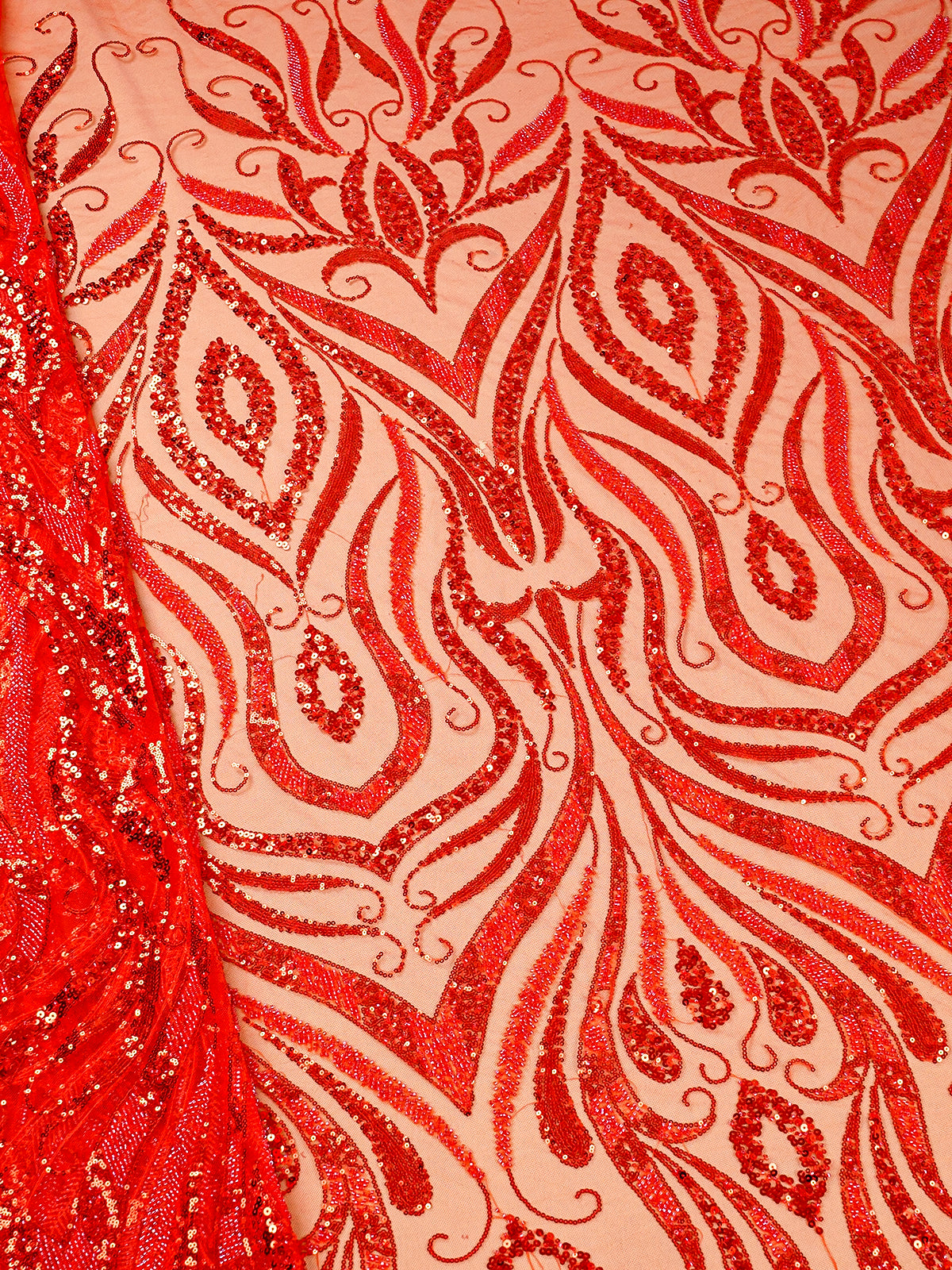 Red Imported Net Fabric with All-Over Sequins and Bead Work with One Side Heavy Border 15668