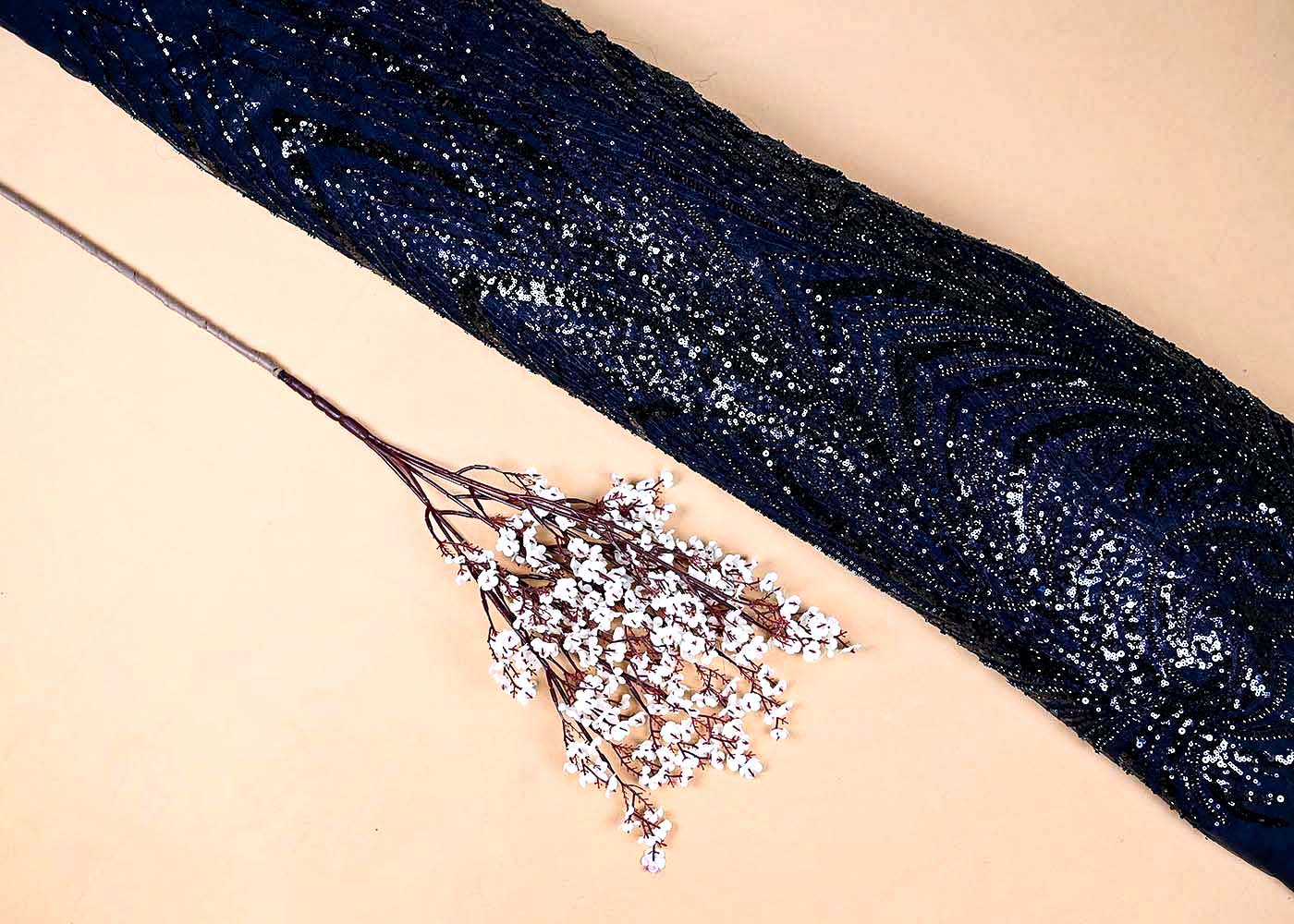 Navy Blue Imported Net with All-Over Bead and Sequins Work 15671