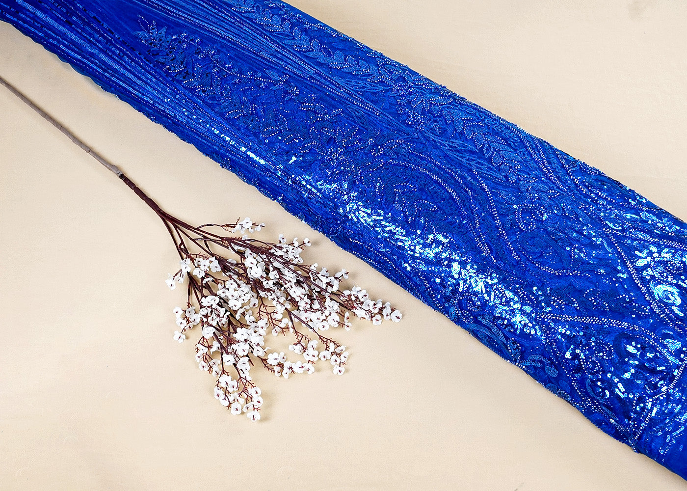 Royal Blue Imported Net Fabric with All-Over Katdana and Sequins Work with One Side Heavy Border 15674