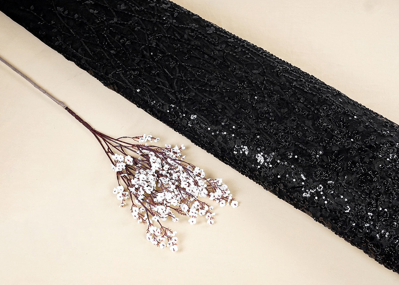 Black Imported Net Fabric with All-Over Thread and Sequins Work with One Side Heavy Border 15682