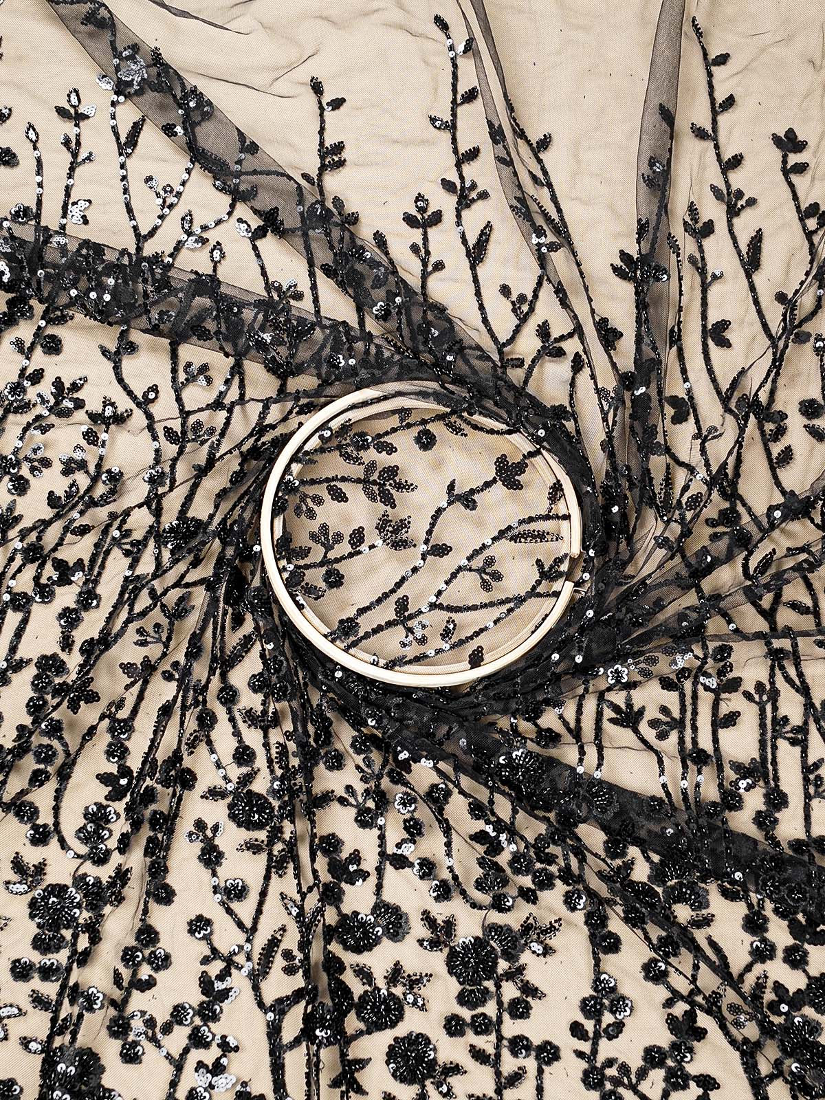 Black Imported Net Fabric with All-Over Thread and Sequins Work with One Side Heavy Border 15682