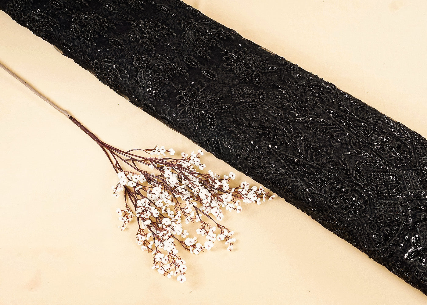 Black Imported Net Fabric with All-Over Thread, Bead, and Sequins Work with One Side Heavy Border 15683